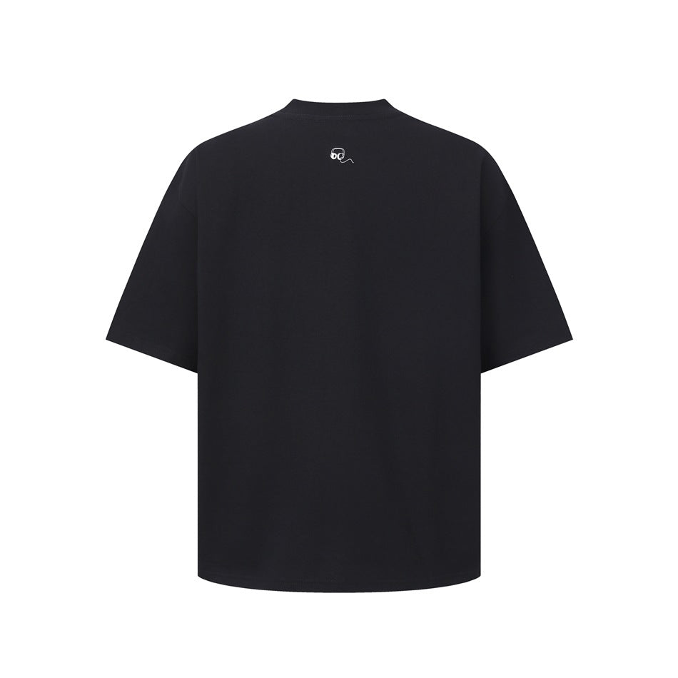 Back view of a black short-sleeve T-shirt with a small white headphones symbol below the collar.