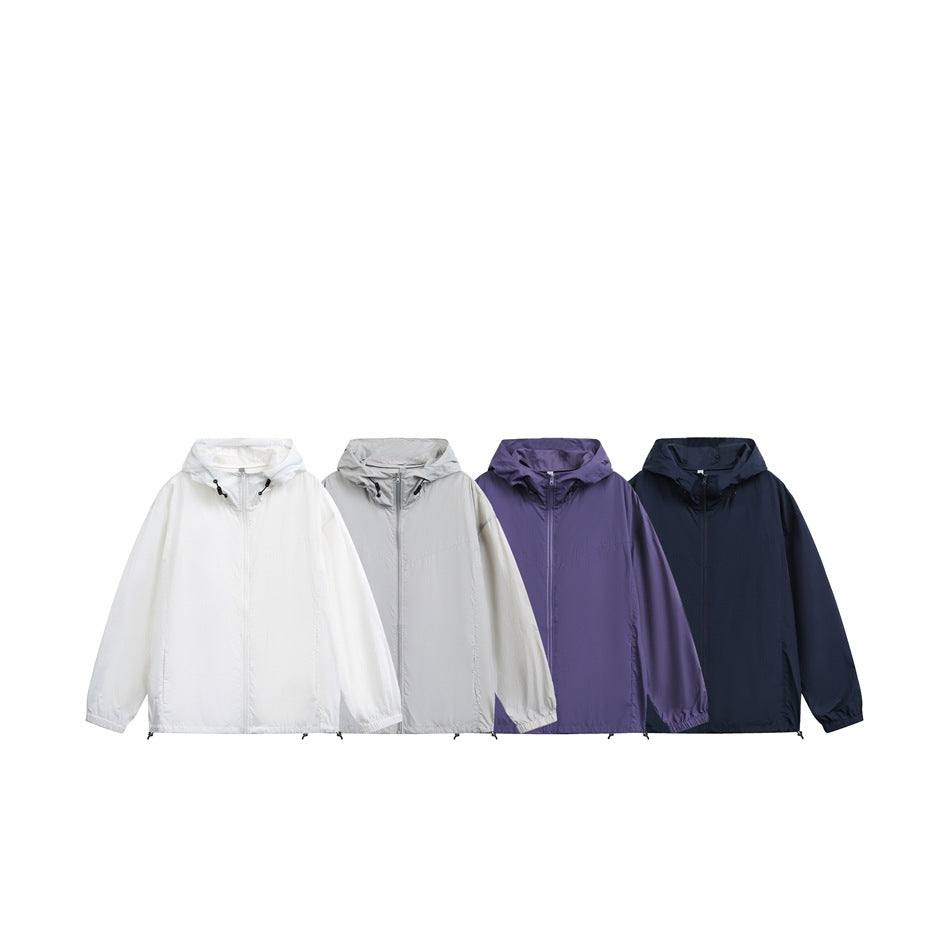 Four hooded zip jackets displayed side by side in white, light gray, purple, and navy.