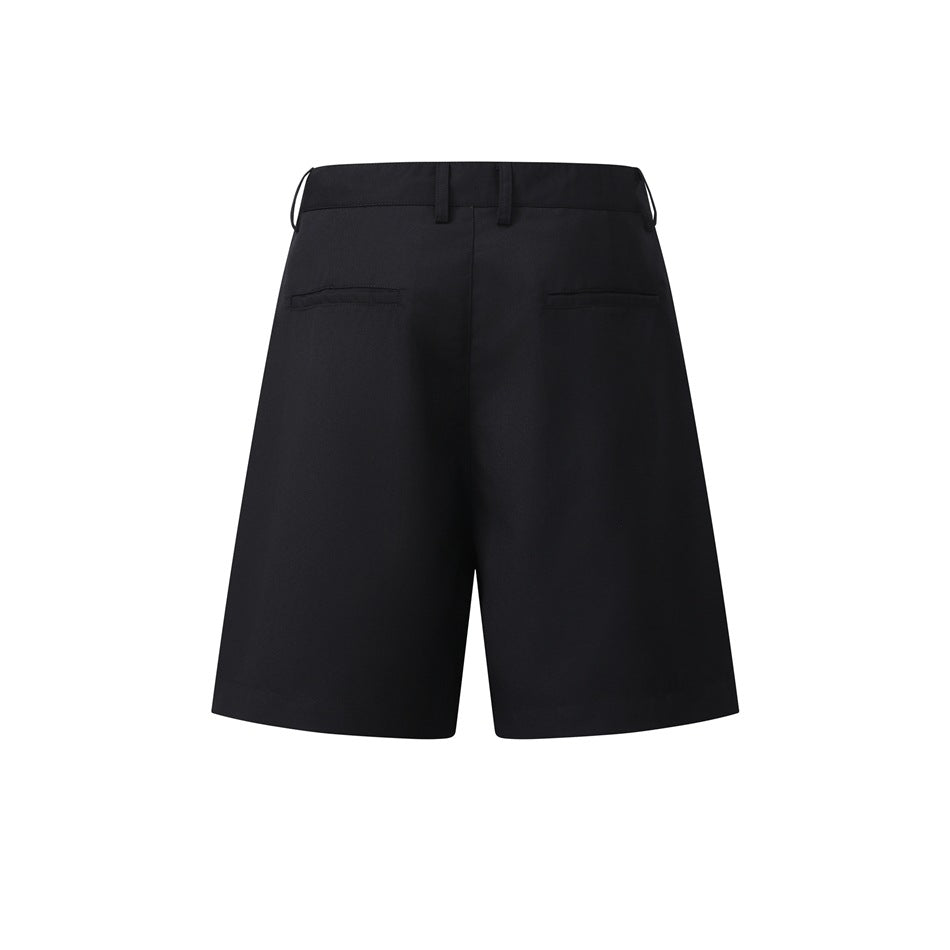 Back view of black shorts displayed flat, with belt loops and two welt pockets.