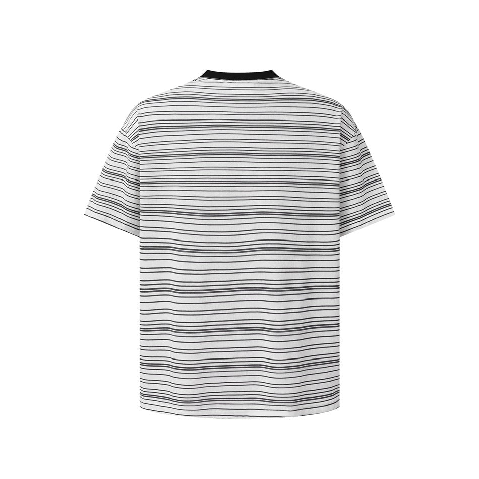 Back view of black and white striped short-sleeve T-shirt with black collar
