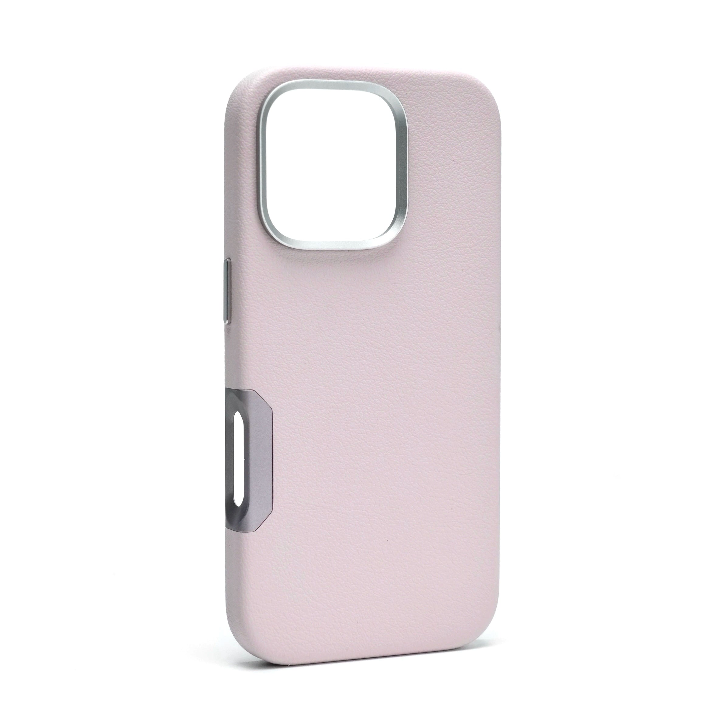 This iPhone 16 Pro Max Leather Case is a pink, rectangular delight featuring electroplated aluminum alloy buttons, accompanied by a raised camera frame and side button cover. Its MagSafe compatibility ensures seamless connectivity.
