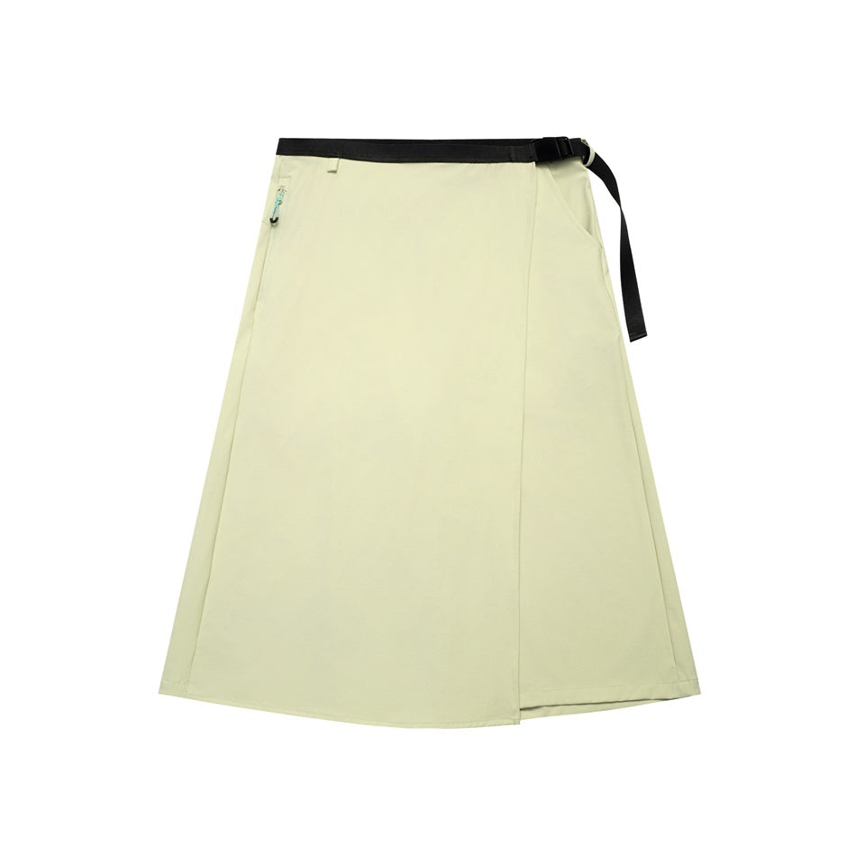 Pale green wrap-style A-line midi skirt with black buckle belt and zippered side pocket, flat view