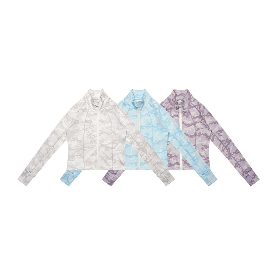 Small front views of zip-up jackets in white, light blue, and lavender camouflage.