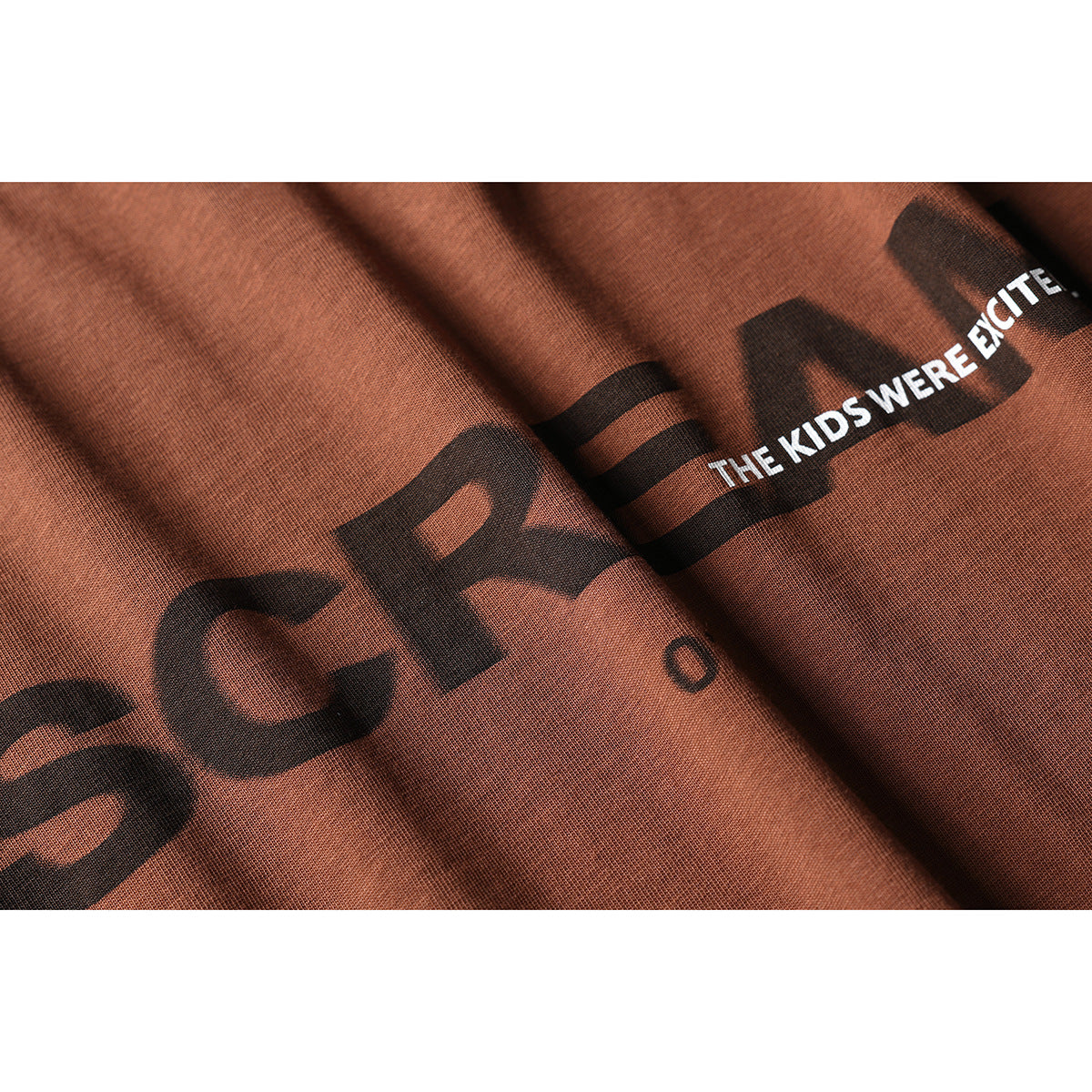 Close-up of a rust-brown T-shirt graphic with dark lettering and the white phrase “THE KIDS WERE EXCITED.”