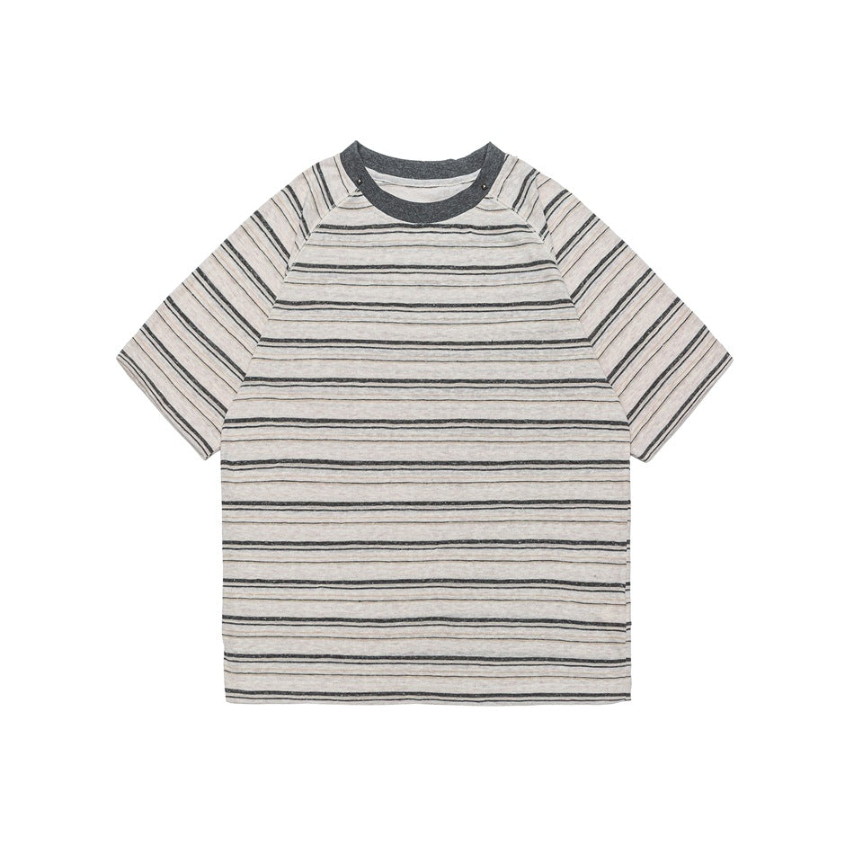 Front view of a beige-gray striped short-sleeve raglan T-shirt with a dark gray crew collar