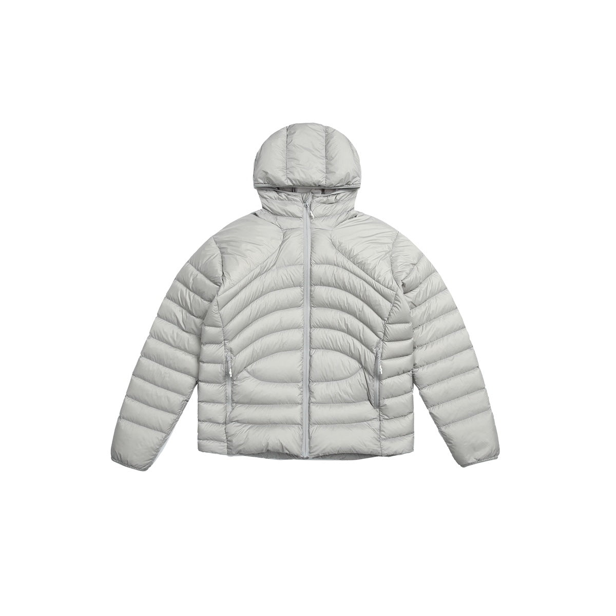 Light gray hooded quilted puffer jacket with center zipper and zip pockets, flat lay front view