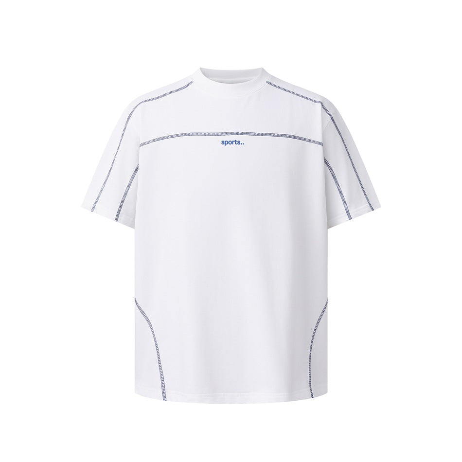 White short-sleeve crew-neck T-shirt with blue contrast topstitching and small sports.. print on chest