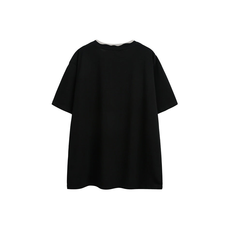 Plain black short-sleeve T-shirt shown from the back, with a narrow gray layer visible at the neckline.