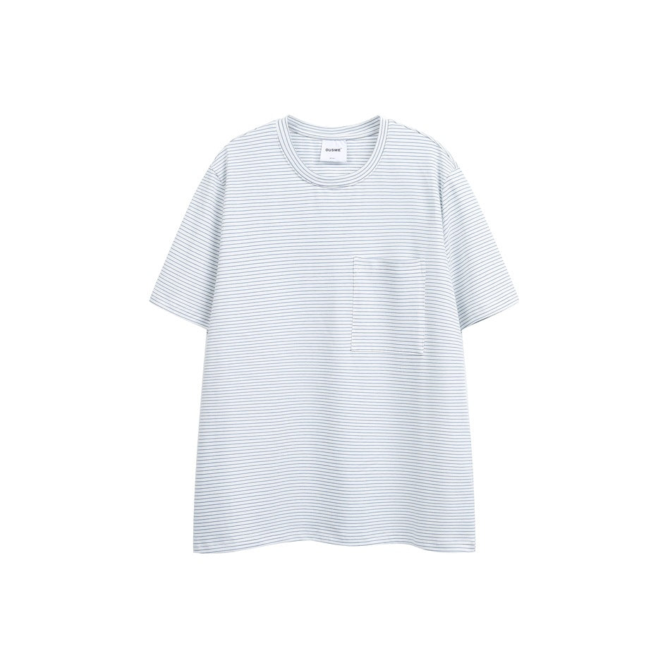 White short-sleeve crew-neck T-shirt with fine blue-gray horizontal stripes and a chest patch pocket, flat front view
