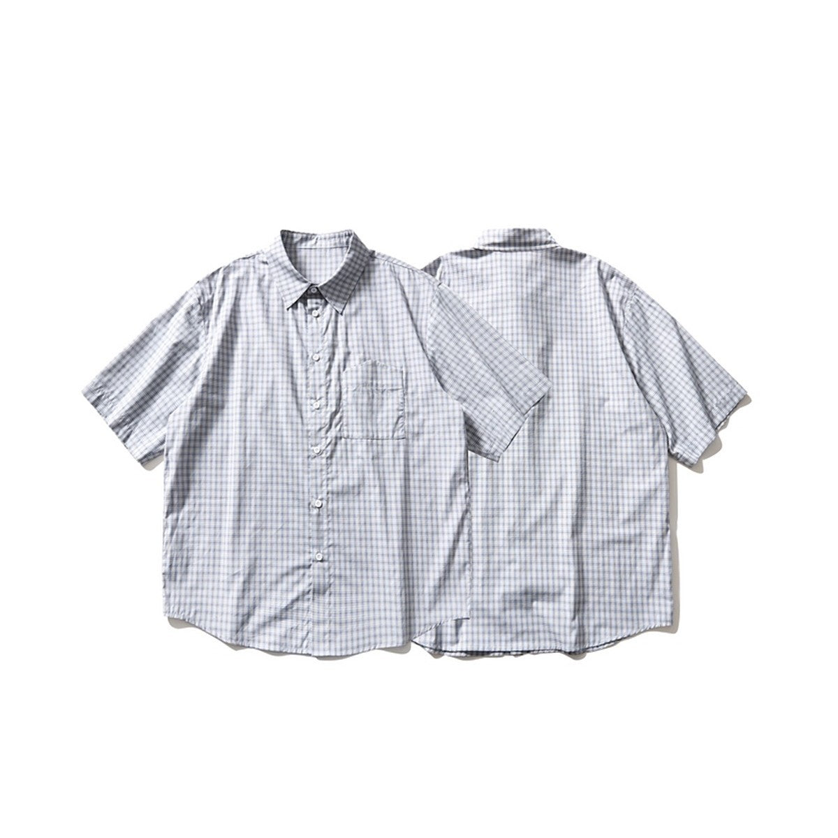 Light gray plaid short-sleeve button-up shirt shown from the front and back, with a chest pocket.