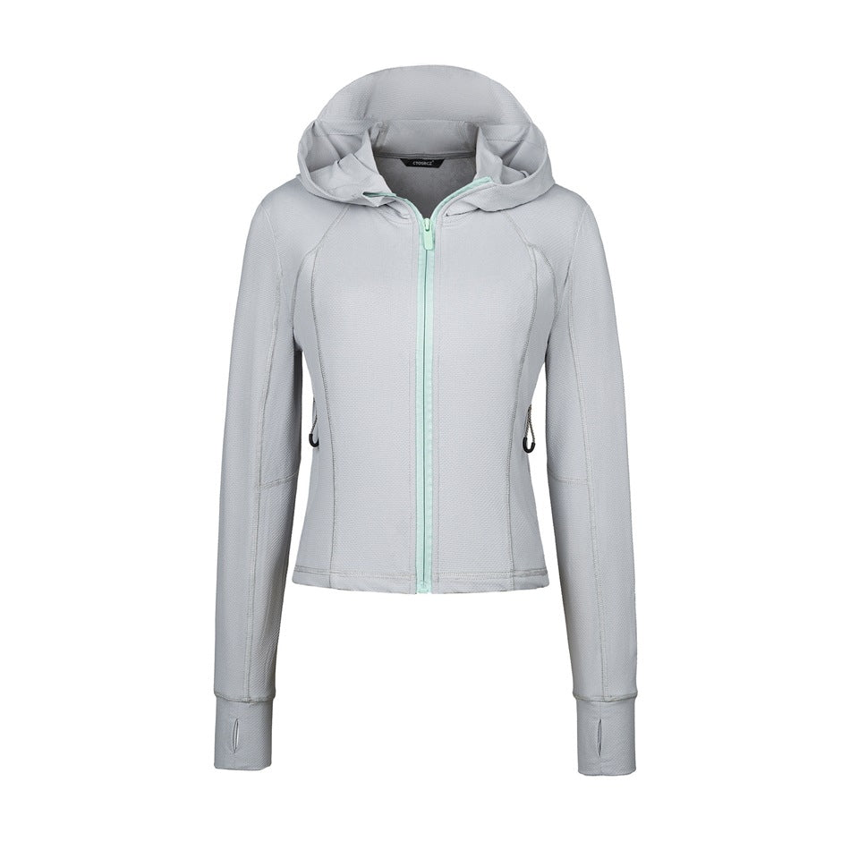 Light gray cropped zip-up hooded jacket with mint green zipper and thumbhole cuffs, shown flat from the front