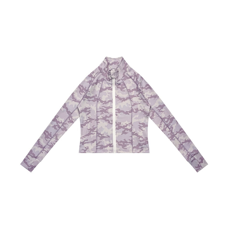Purple camouflage zip-up cropped jacket with stand collar and white zipper, flat lay front view
