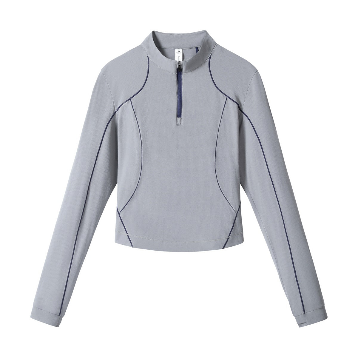 Gray cropped half-zip long-sleeve top with navy contrast piping and navy zipper, flat lay