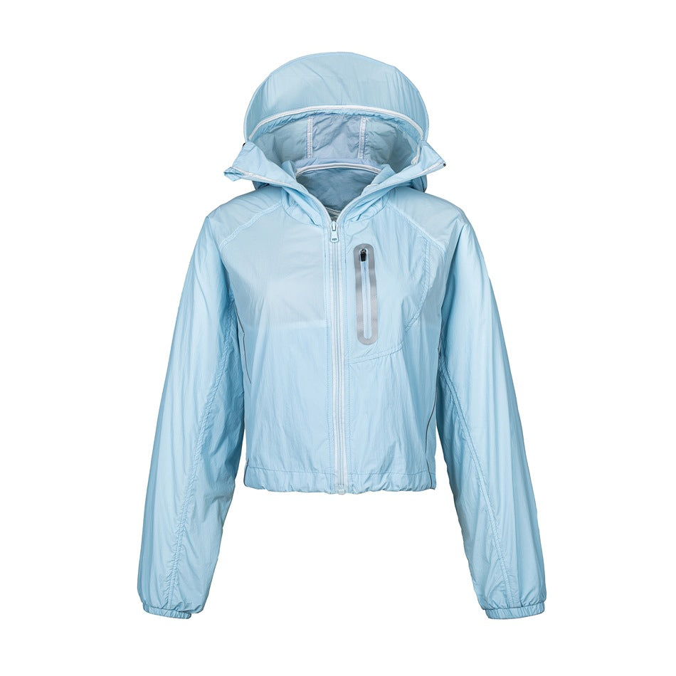 Light blue cropped hooded zip jacket flat lay, front view with chest zip pocket and elastic cuffs