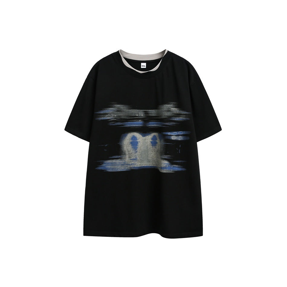 Black short-sleeve crew-neck T-shirt with gray layered collar and blurred blue and gray graphic, flat lay front view