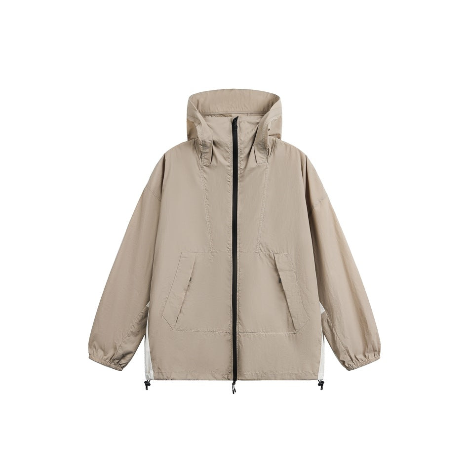 Khaki hooded zip-up jacket with front pockets, hem drawcords and cream side panels, flat front view