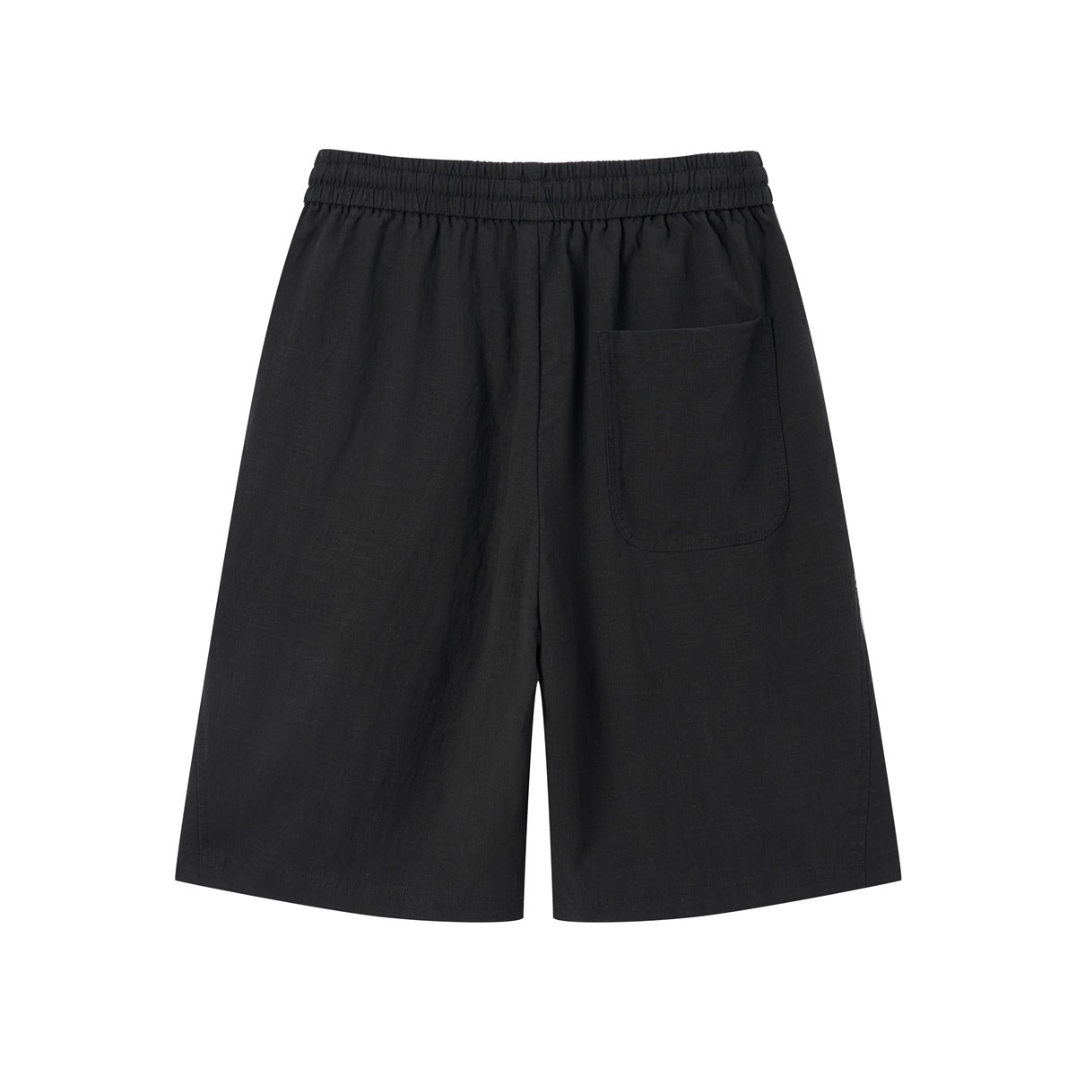 Back view of black wide-leg shorts with an elastic waistband and one patch pocket.