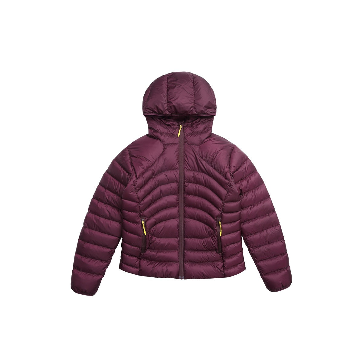 Burgundy hooded quilted puffer jacket with yellow zipper pulls, flat lay front view