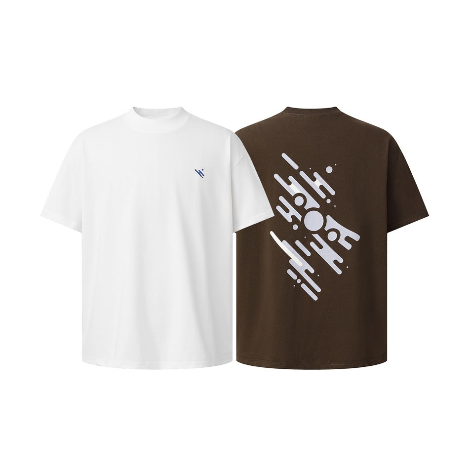 White T-shirt front with a small chest emblem beside the brown T-shirt back with a large abstract graphic.