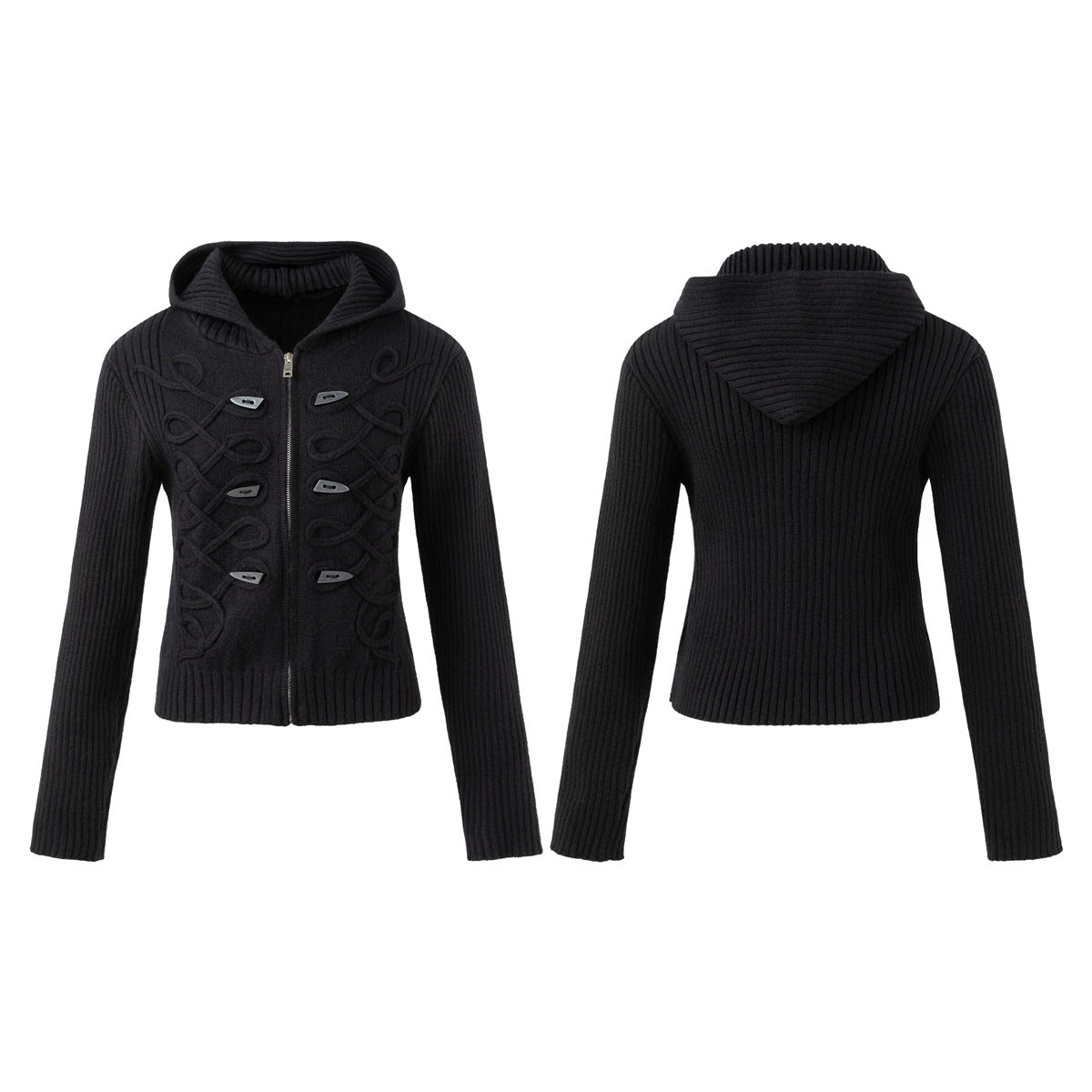 Black hooded rib-knit cardigan shown from the front and back, with a front zipper, toggle buttons, and raised loop details.