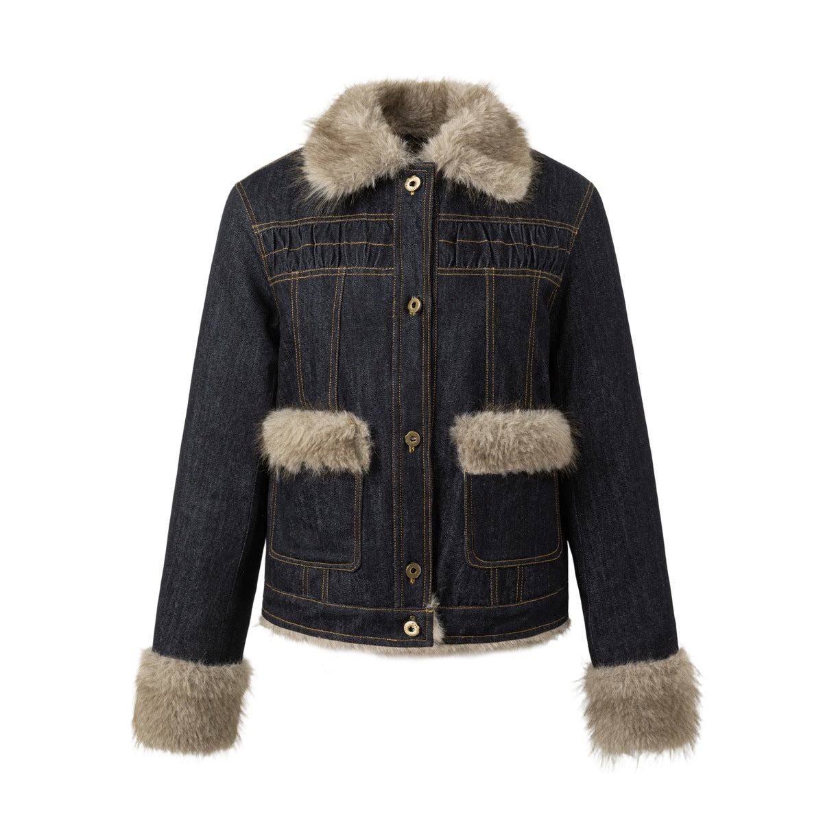 Dark blue denim-style jacket with plush taupe fur-like collar, pocket flaps and cuffs, gold-tone buttons, flat front view