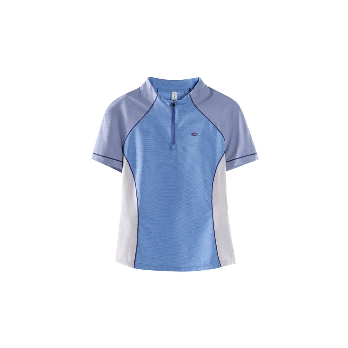 Blue half-zip short-sleeve top with lavender raglan sleeves, white side panels and purple piping
