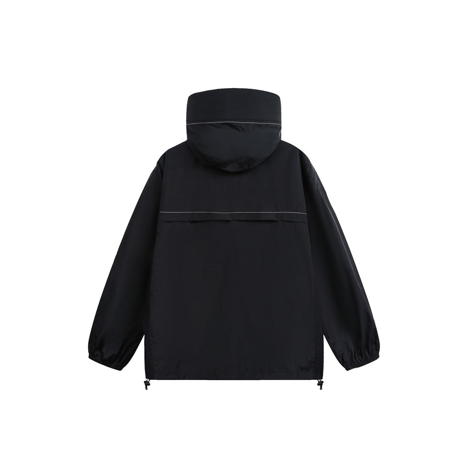 Back view of a black hooded jacket with elastic cuffs and an adjustable drawcord hem.