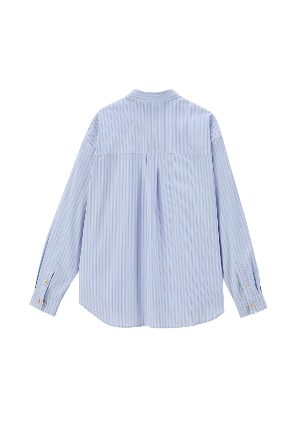 Back view of blue striped shirt showing yoke, center pleat and double-button cuffs