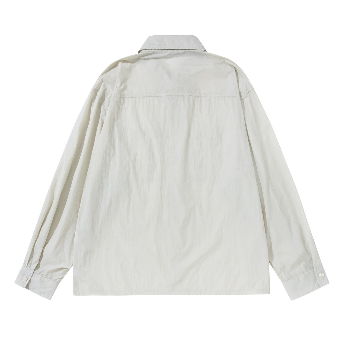 Full back view of an off-white long-sleeve button-up shirt with a yoke seam and button cuffs.