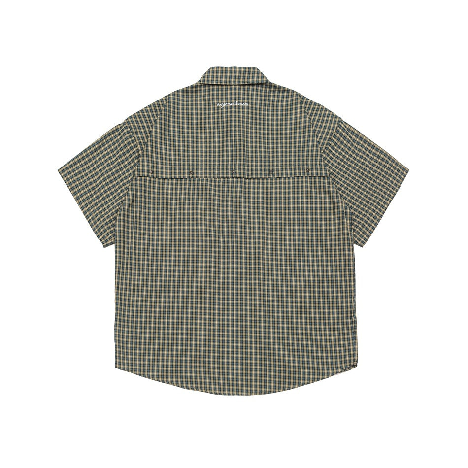 Back view of a dark teal, brown, and cream plaid short-sleeve button-up shirt.