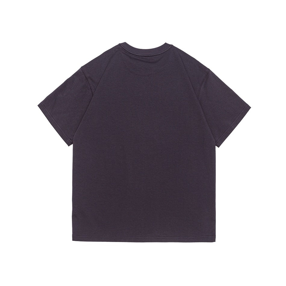 Back view of a purple short-sleeve crewneck T-shirt with a plain back and no print
