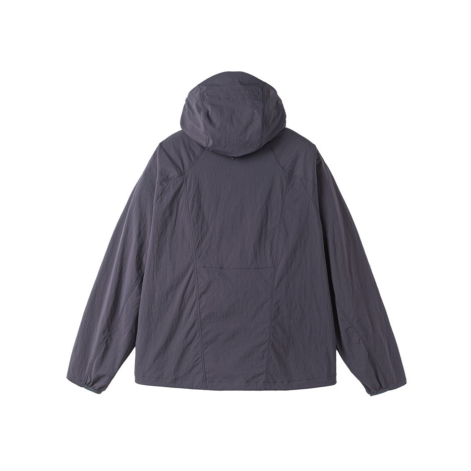 Dark gray hooded jacket back view with paneled seams and elasticated cuffs