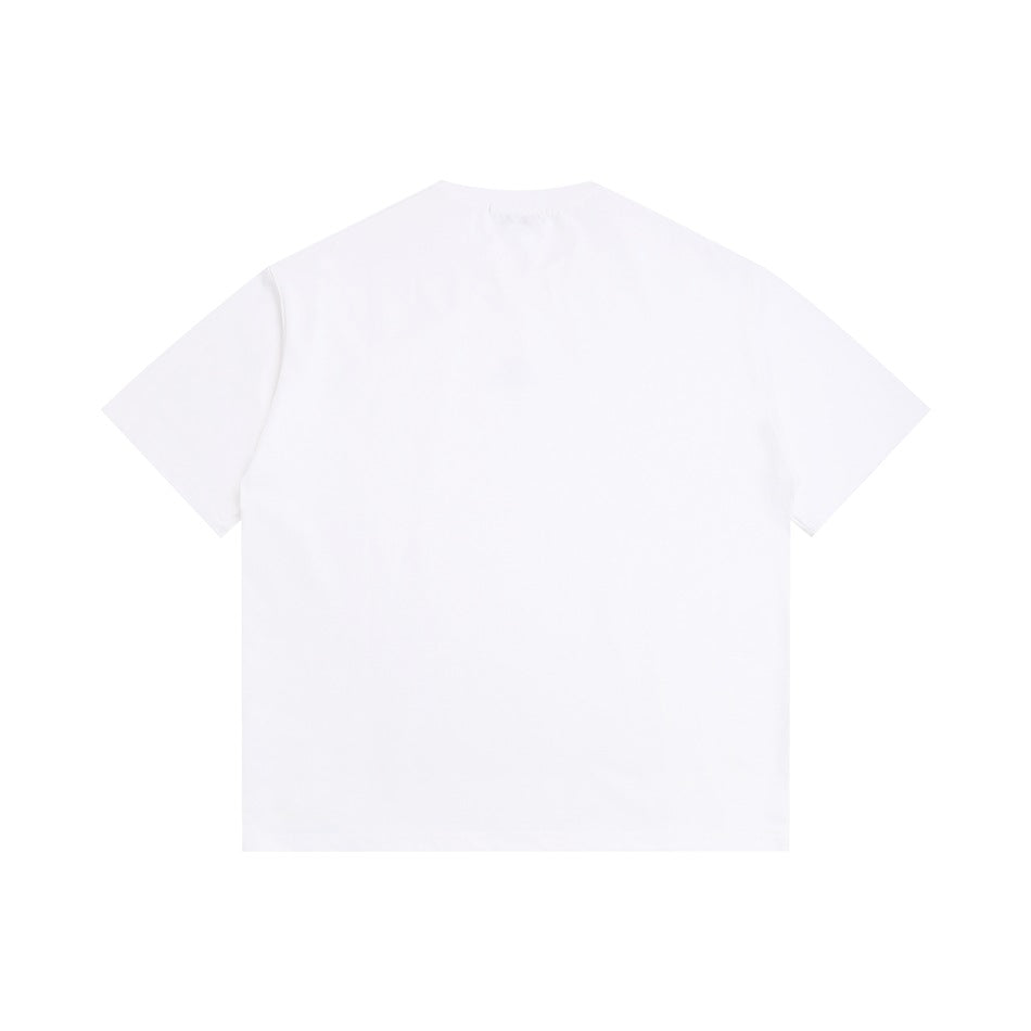 Back view of a plain white short-sleeve crew-neck T-shirt, flat lay
