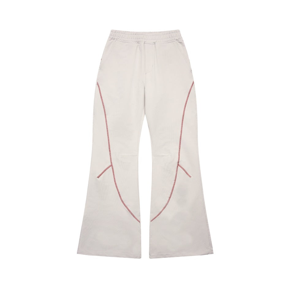 Light gray flared pants with elastic waistband and red-pink curved contrast topstitching, flat front view