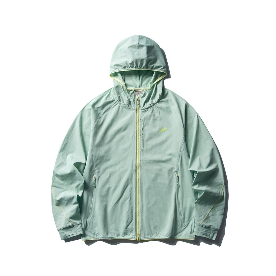 Mint green hooded zip-up lightweight jacket flat lay with pale yellow zipper and piping