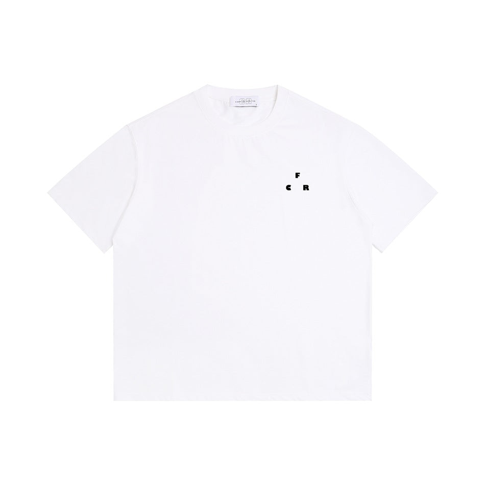 White short-sleeve crew-neck T-shirt flat lay with a small black F C R print on the left chest