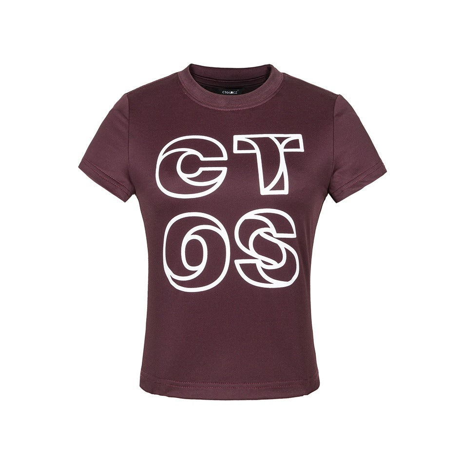 Dark burgundy short-sleeve crew-neck T-shirt with a white stacked outline-letter graphic, flat front view