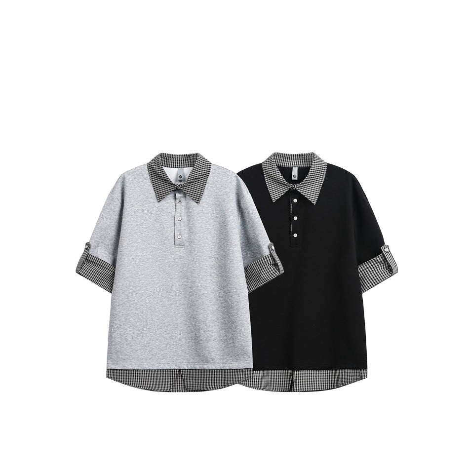 Gray and black short-sleeve polos shown together, each with a checked collar, rolled cuffs and hem.