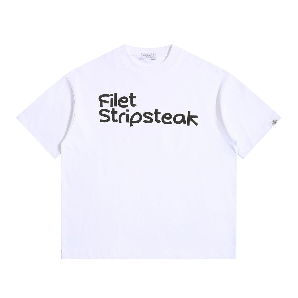 White short-sleeve crew-neck T-shirt with large black "Filet Stripsteak" print, flat lay front view
