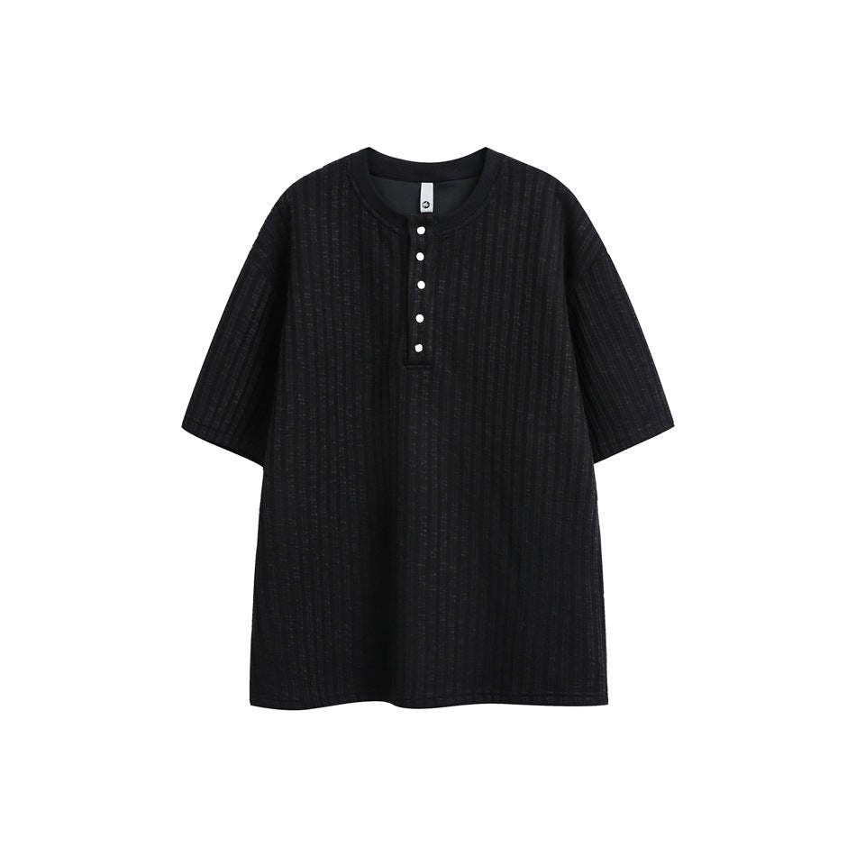 Black short-sleeve Henley T-shirt with vertical ribbed texture and five snap buttons, flat front view