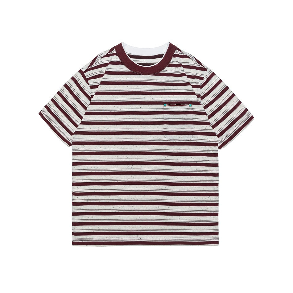 Red and white striped short-sleeve crew-neck T-shirt with chest pocket and turquoise studs, flat front view