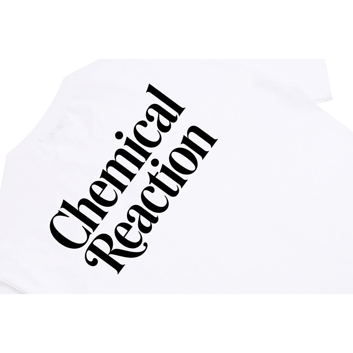 Close-up of a white T-shirt showing large black diagonal “Chemical Reaction” lettering.