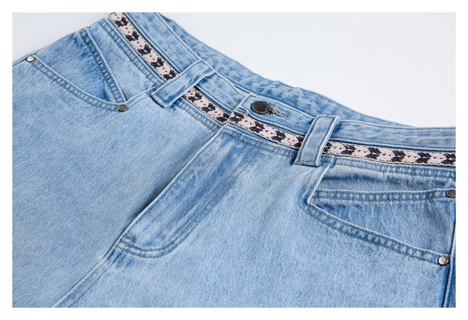 Close-up of the shorts' front waistband, patterned trim, belt loops, button, and pockets.