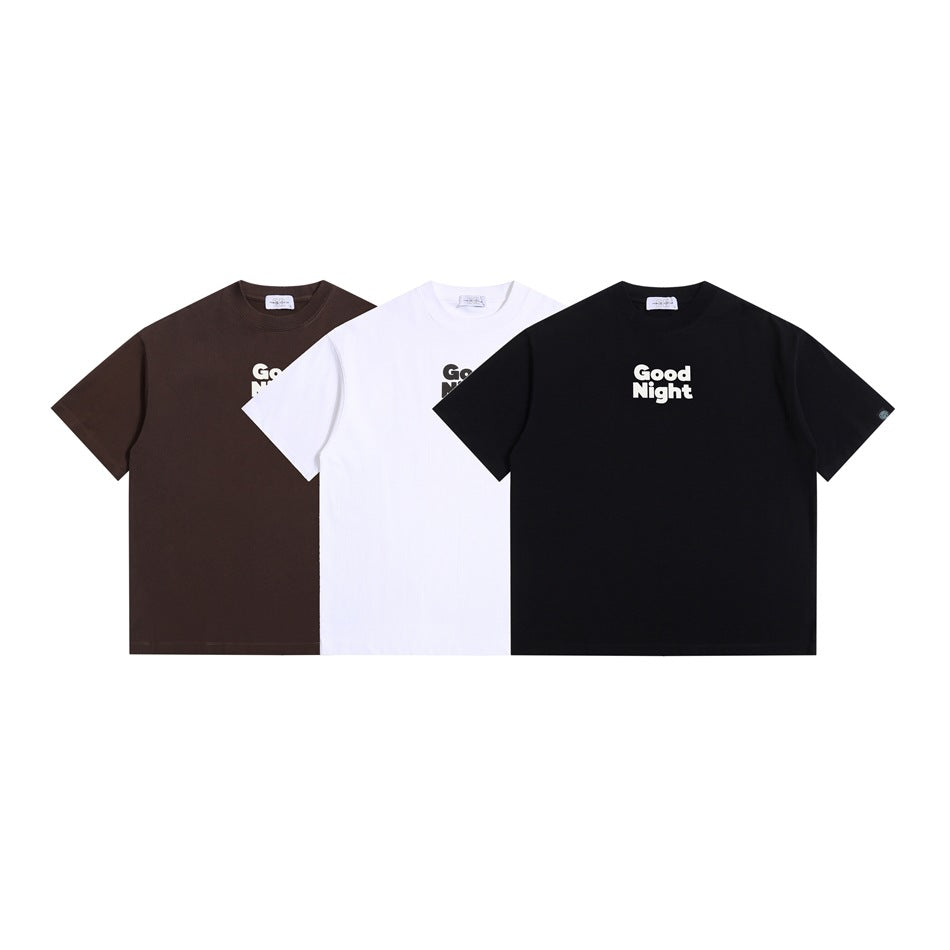 Three short-sleeve T-shirts in brown, white, and black, each with white “Good Night” chest lettering.