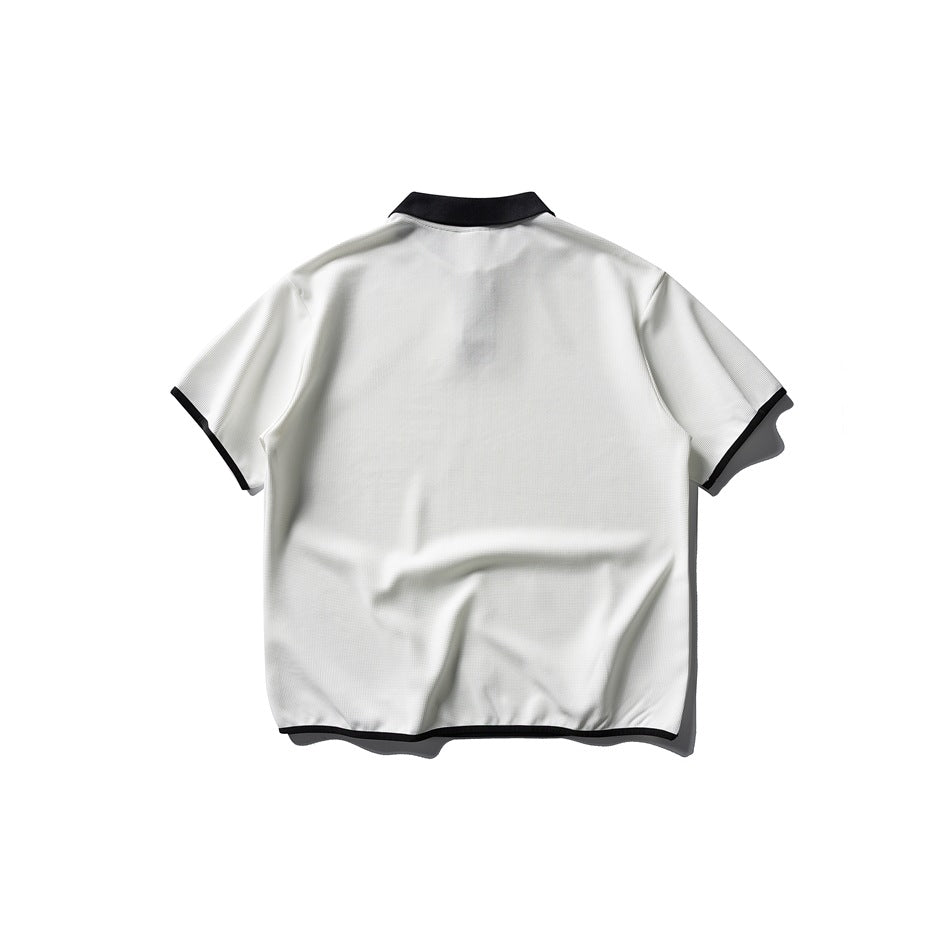 Back view of a white short-sleeve polo shirt with a black collar and black sleeve and hem trim.