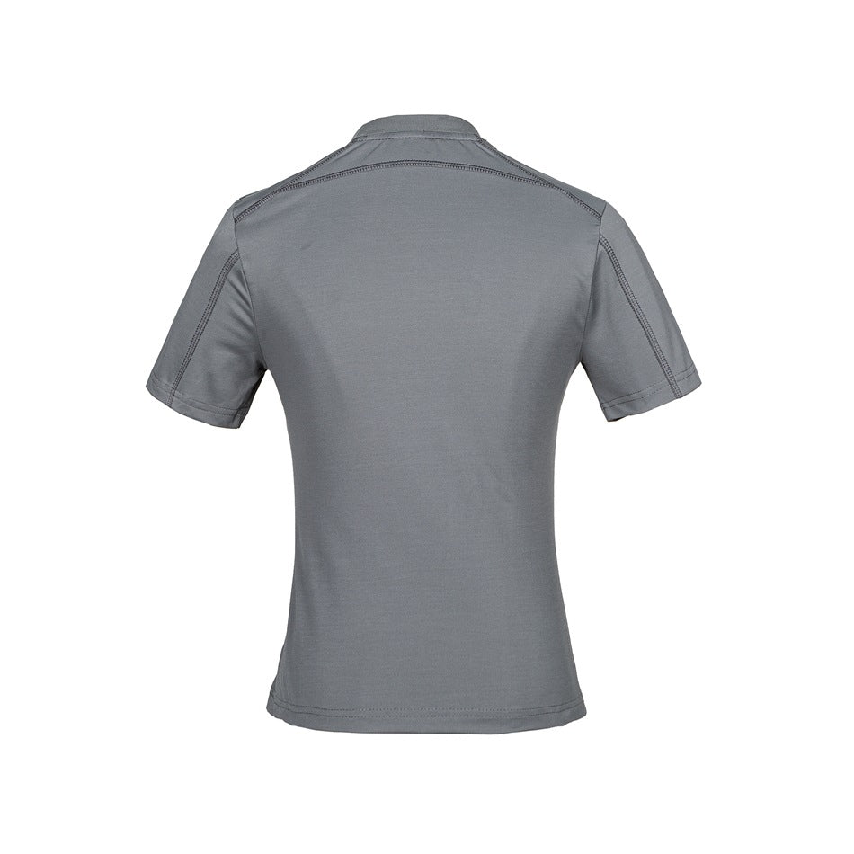 Back view of a gray short-sleeve T-shirt with tonal topstitched shoulder and sleeve seams