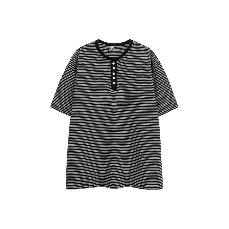 Black and white striped short-sleeve Henley T-shirt with five buttons and black collar trim, flat front view