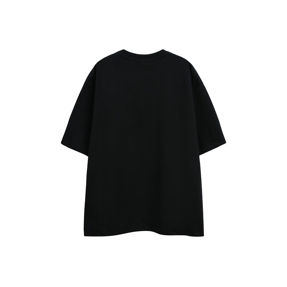 Plain black short-sleeve T-shirt shown from the back on a white background.
