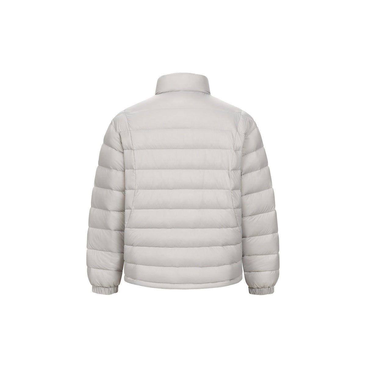 Back view of a light-gray quilted jacket with a high collar and long sleeves.