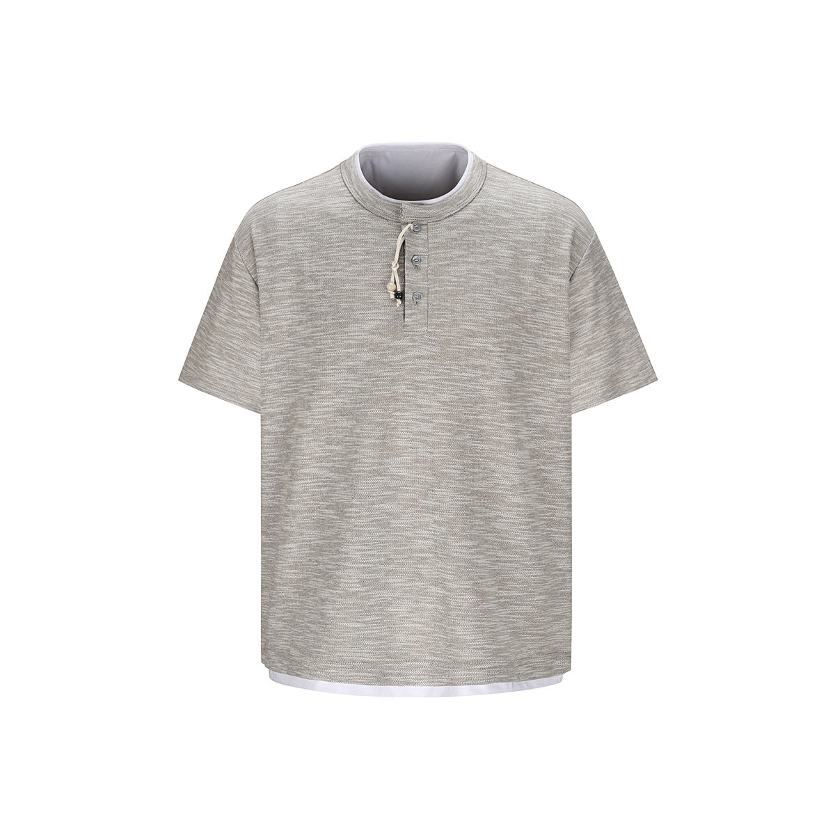 Heathered khaki-gray short-sleeve henley T-shirt with three buttons, beaded cord and white layered hem